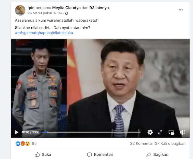 [Cek Fakta] Video dengan Narasi Anggota Polri Ini Anak Kandung Presiden Tiongkok? Simak Faktanya