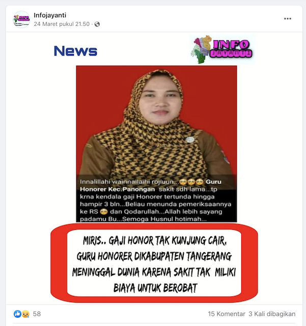 [Cek Fakta] Beredar Foto Guru Honorer Meninggal karena Tak Memiliki Uang untuk Berobat? Cek Dulu Faktanya
