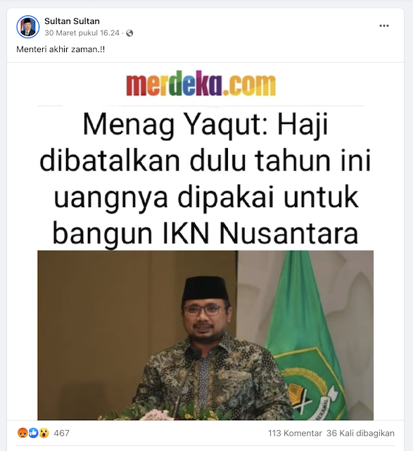 [Cek Fakta] Menag Yaqut Sebut Haji 2022 Batal dan Dananya Digunakan untuk Pembangunan IKN Nusantara Hoaks