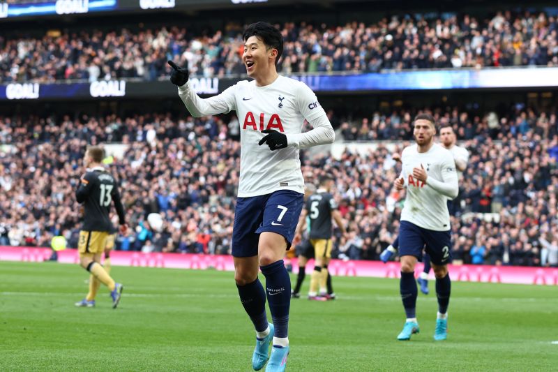 Selebrasi gol penyerang Tottenham Hotspur Son Heung-min. (ANTARA/REUTERS/DAVID KLEIN)