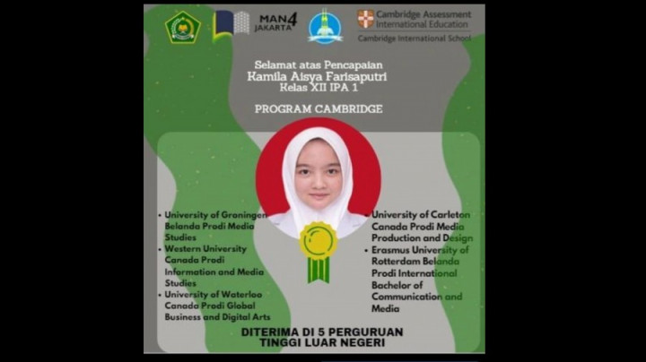 Kamila, Siswi MAN 4 Jakarta Diterima di 6 Kampus Luar Negeri