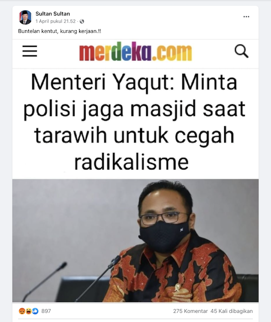 [Cek Fakta] Menag Yaqut Minta Polisi Jaga Masjid saat Ibadah Salat Tarawih untuk Cegah Radikalisme? Cek Faktnaya