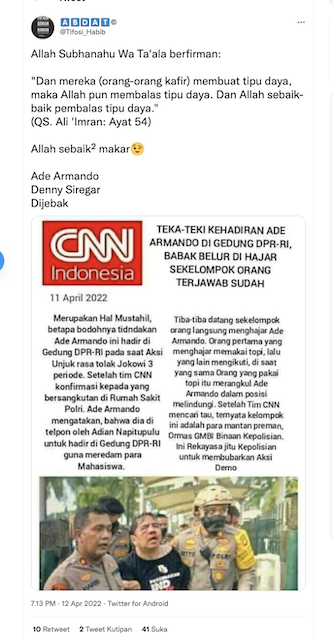 [Cek Fakta] Benarkah Situs Ini Ungkap Pengeroyokan Ade Armando Rekayasa Kepolisian untuk Membubarkan Demo? Simak Faktanya