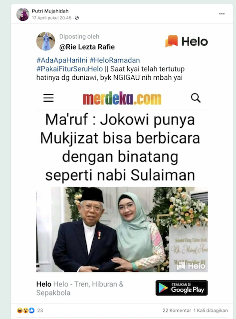 [Cek Fakta] Ma'ruf Sebut Jokowi Punya Mukjizat Bisa Bicara dengan Binatang seperti Nabi Sulaiman? Ini Faktanya