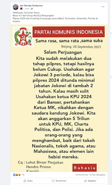 [Cek Fakta] Dari Beijing, PKI Anggarkan Rp5 Triliun demi Muluskan Jokowi 3 Periode? Ini Faktanya