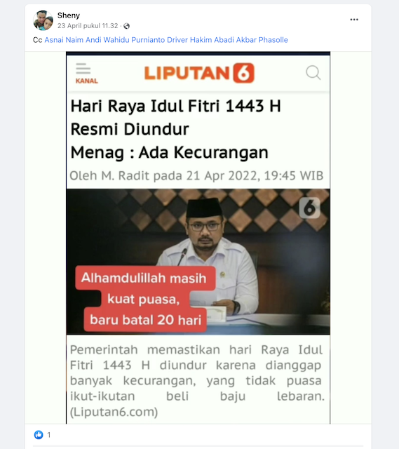 [Cek Fakta] Menag Yaqut Sebut Lebaran 2022 Diundur? Cek Dulu Faktanya