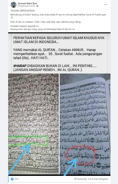 [Cek Fakta] Beredar Foto Penampakan Pengurangan Satu Kata di Alquran? Ini Faktanya