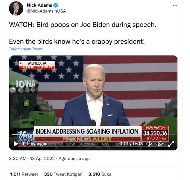 [Cek Fakta] Beredar Video Joe Biden Kejatuhan Kotoran Burung saat Berpidato? Ini Faktanya
