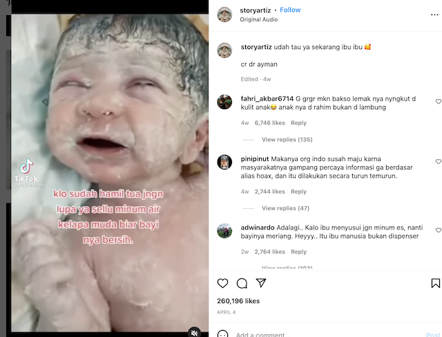 [Cek Fakta] Bercak Putih Pada Bayi Baru Lahir Dapat Dihilangkan dengan Mengkonsumsi Air Kelapa Muda? Cek Faktanya