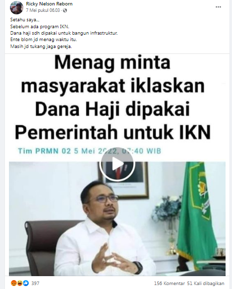 [Cek Fakta] Menag Minta Masyarakat Ikhlaskan Dana Haji Dipakai Pemerintah untuk IKN? Ini Faktanya