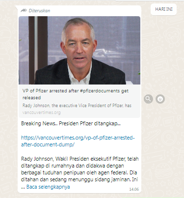 [Cek Fakta] Wakil Presiden Pfizer Ditangkap karena Rahasia Vaksin Terbongkar? Ini Faktanya