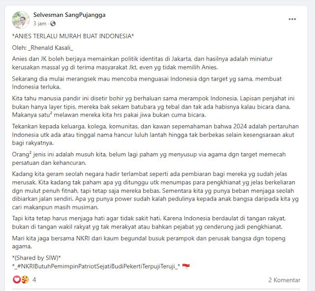 [Cek Fakta] Rhenald Kasali Bikin Tulisan Sebut Anies Baswedan Terlalu Murah untuk Indonesia Hoaks, Begini Faktanya