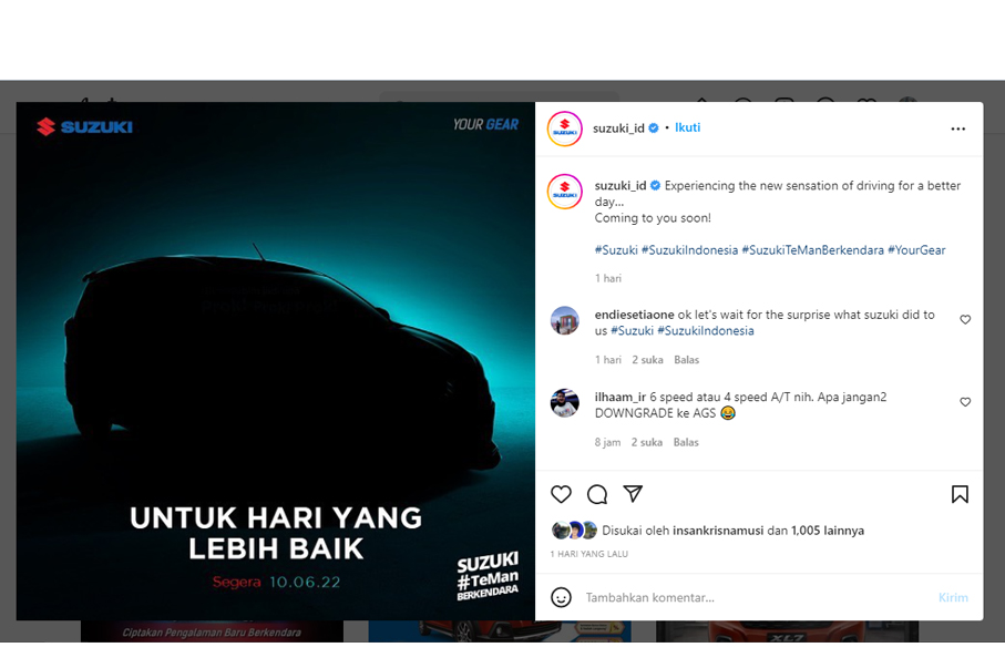 Kode mobil baru yang disebar Suzuki di akun Instagram resmi milik mereka. Instagam/Suzuki_id