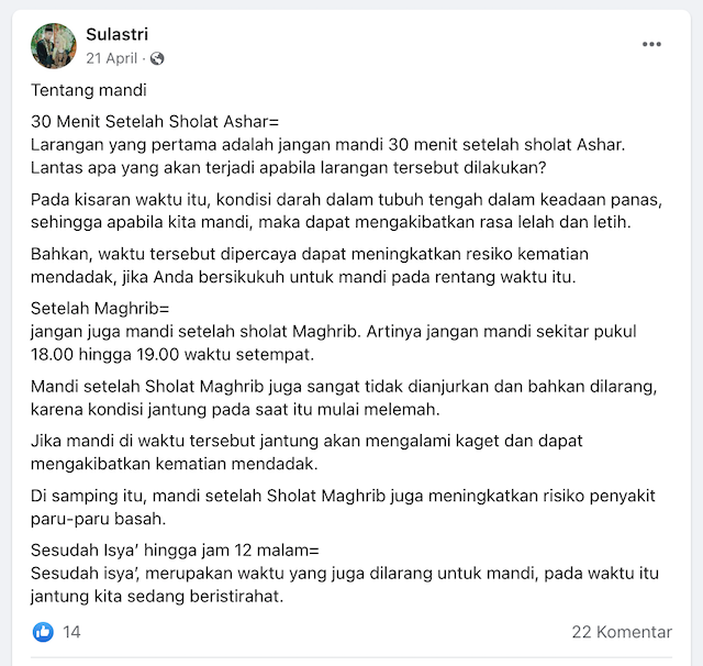 [Cek Fakta] 3 Waktu Dilarang untuk Mandi Sebabkan Kematian Mendadak? Cek Faktanya