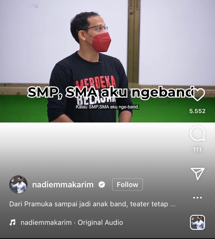 Menteri Pendidikan, Kebudayaan, Riset, dan Teknologi (Mendikbudristek) Nadiem Makarim bercerita soal ekskul semasa SD-SMA. Instagram @nadiemmakarim