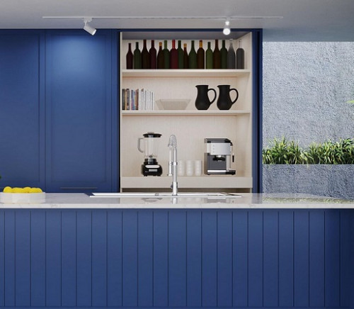 Perpaduan antara putih dan biru adalah tren warna dapur tahun 2022. (Foto: Dok. Instagram/@modenaindonesia)
