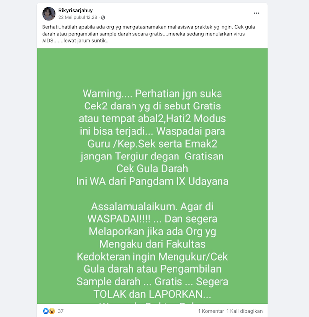 [Cek Fakta] Pemeriksaan Gula Darah Gratis dari Fakultas Kedokteran Bertujuan Menyebarkan Virus HIV AIDS? Cek Faktanya