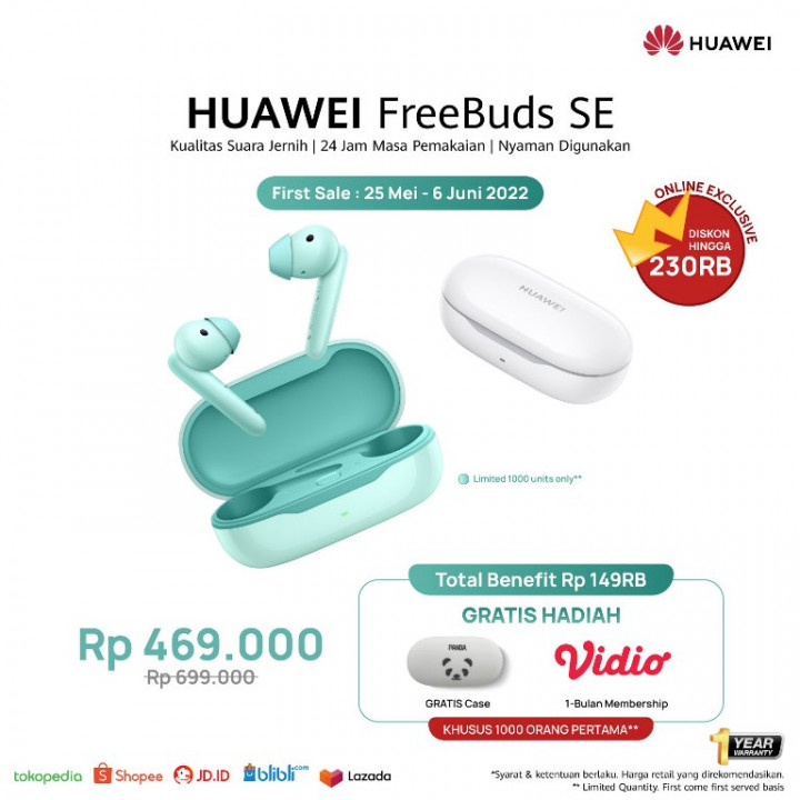 HUAWEI FreeBuds SE, TWS Kualitas Profesional Seharga Spesial Rp469 Ribu Mulai Dijual Hari Ini