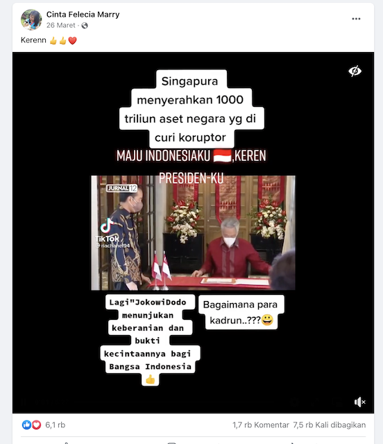 [Cek Fakta] Singapura Serahkan 1000 Triliun Aset Negara Indonesia yang Dicuri Koruptor? Cek Faktanya