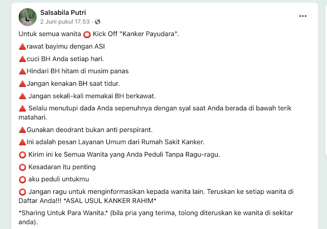[Cek Fakta] Kanker Payudara Disebabkan Penggunaan Bra Berkawat dan Tidak Dicuci? Ini Cek Faktanya