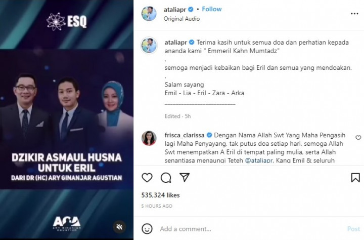 Atalia Ceritakan Apa yang Dilakukan Ridwan Kamil demi Eril Selama di Swiss