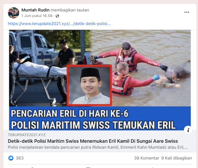 [Cek Fakta] Beredar Foto Polisi Maritim Swiss Temukan Jasad Eril di Sungai Aare? Cek Dulu Faktanya