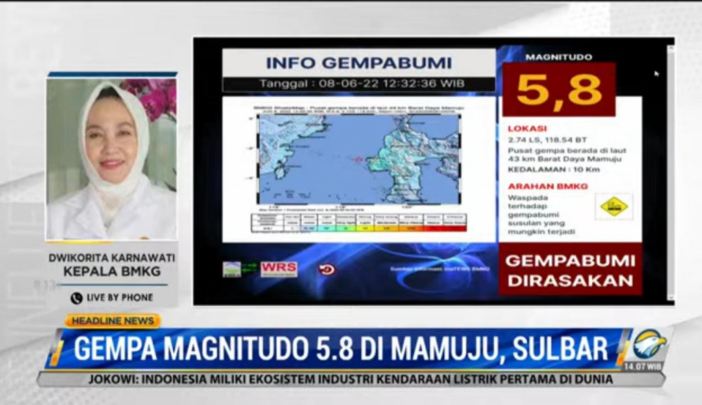 Kepala Badan Meteorologi, Klimatologi, dan Geofisika (BMKG), Dwikorita Karnawati, saat breaking news dengan Metro TV. Dokumentasi/ Metro TV