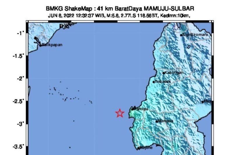 Bagan lokasi titik gempa di Kabupaten Mamuju, Provinsi Sulawesi Barat. ANTARA/HO-dokumen BMKG