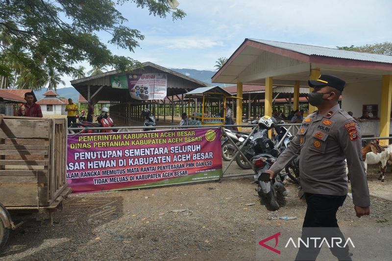 Aparat keamanan berjaga di lokasi saat penutupan Pasar Hewan Sibreh, di Desa Sibreh, Kecamatan Sibreh, Kabupaten Aceh Besar, Aceh, Rabu (25/5/2022). (ANTARA/Ampelsa)