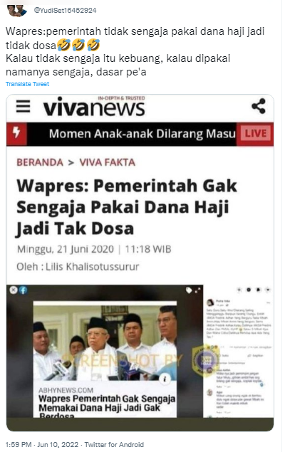 [Cek Fakta] Wapres Bilang Pemerintah enggak Sengaja Pakai Dana Haji jadi tak Dosa? Ini Faktanya