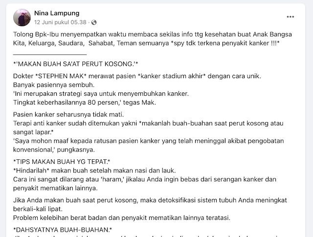 [Cek Fakta] Makan Buah Saat Perut Kosong Dapat Sembuhkan Kanker? Cek Faktanya