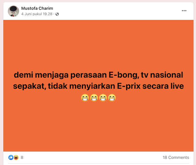 [Cek Fakta] Formula E Tidak Disiarkan TV Nasional? Cek Faktanya