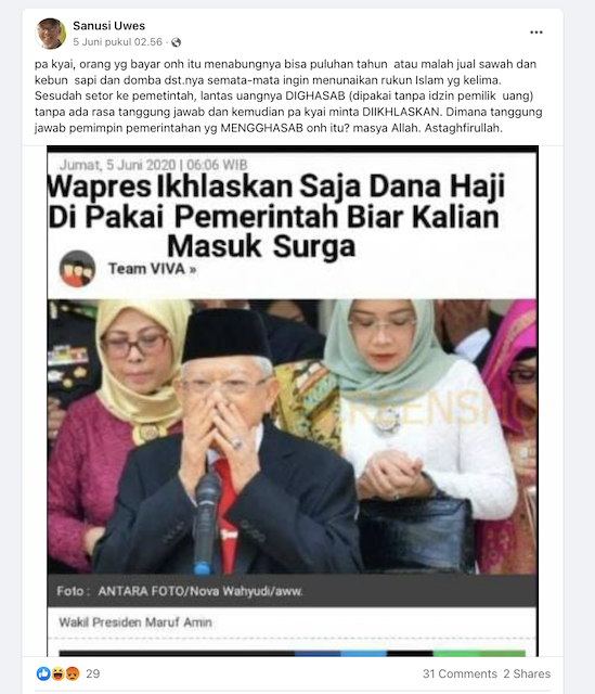 [Cek Fakta] Maruf Amin Minta Masyarakat Ikhlas Dana Haji Dipakai Pemerintah? Cek Dulu Faktanya