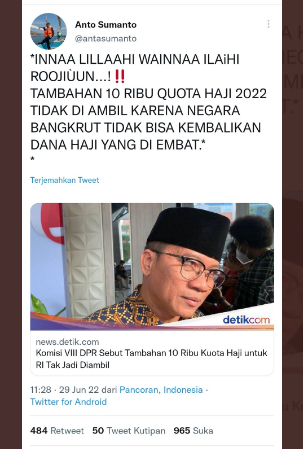[Cek Fakta] Tambahan 10 Ribu Kuota Haji 2022 Indonesia tak Diambil karena Negara Bangkrut dan tidak Bisa Kembalikan Dana yang Diselewengkan? Ini Faktanya