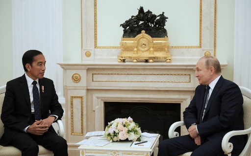 Presiden Joko Widodo saat bertemu dengan Presiden Vladimir Putin di Kremlin, Moskow./AFP