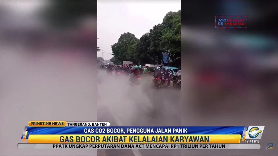 Kepulan asap tersebut berasal dari kebocoran gas sebuah distributor pengisian gas CO2 tabung. Metro TV