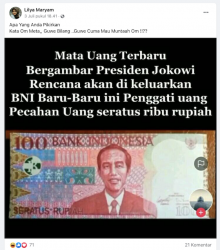 [Cek Fakta] Beredar Uang Kertas Rp 100 Bergambar Jokowi? Begini Faktanya