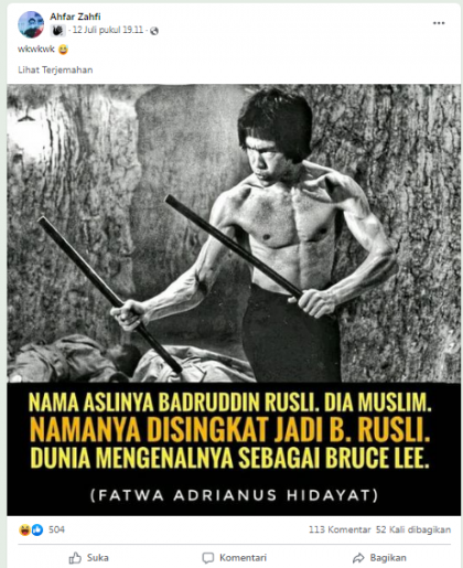 [Cek Fakta] Benarkah Bruce Lee Seorang Muslim dan Nama Aslinya Badruddin Rusli? Ini Faktanya