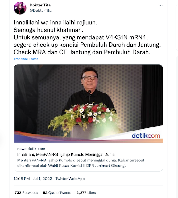 [Cek Fakta] Penyebab Tjahjo Kumolo Meninggal Disebut karena Vaksin Covid-19? Cek Faktanya