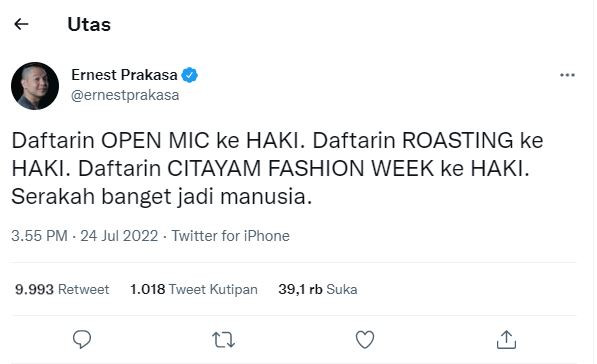 'Lemesnya' Lidah Ernest Prakasa Komentari HAKI Citayam Fashion Week