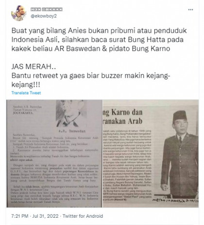 [Cek Fakta] Benarkah Bung Hatta Kirim Surat ke AR Baswedan soal Keturunan Arab di Indonesia? Ini Faktanya