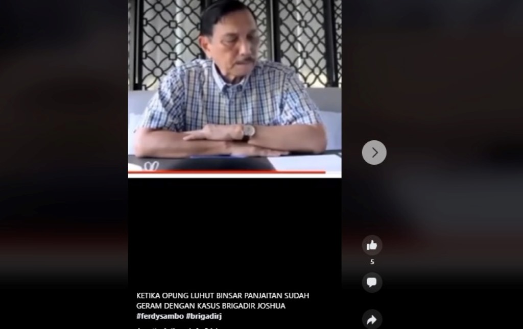 Tangkapan layar Menko Marves Luhut Binsar Pandjaitan dalam video terkait kasus pembunuhan Brigadir Yosua. Foto Istimewa.