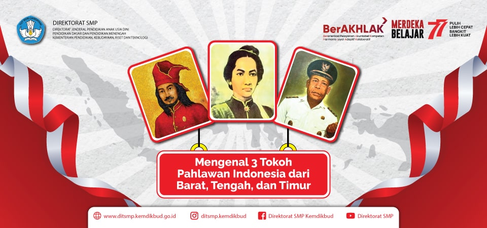 Tiga pahlawan Indonesia, yakni Cut Nyak Dien, Sultan Hasanuddin, dan Frans Kaisiepo. Foto: Ditjen SMP