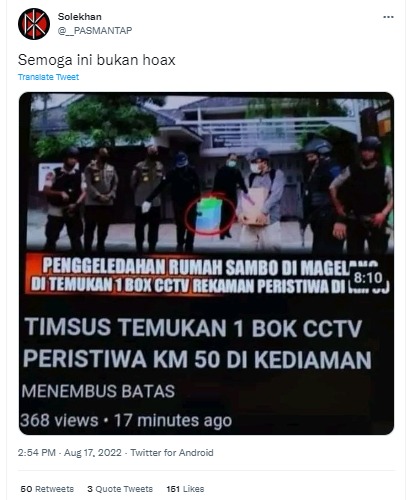 [Cek Fakta] Benarkah Timsus Temukan 1 Boks CCTV Peristiwa KM 50 saat Penggeledahan Rumah Ferdy Sambo di Magelang? Ini Faktanya