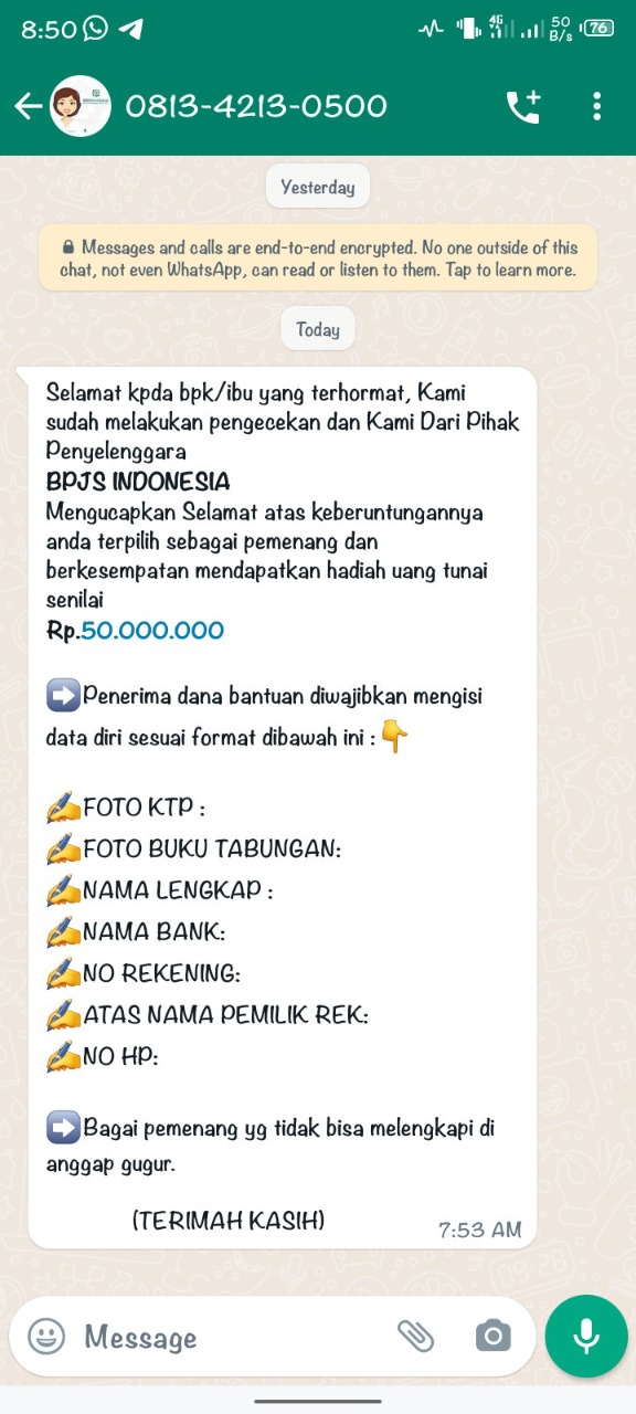 [Cek Fakta] BPJS Bagikan Hadiah Rp50 Juta dan Harus Isi Data Diri? Ini Faktanya