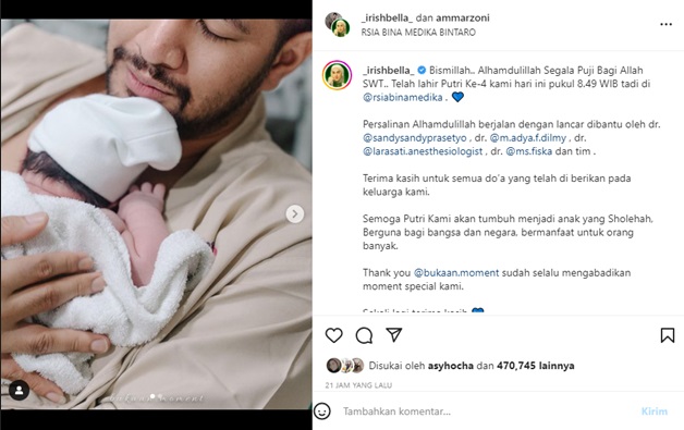 Irish Bella dan Ammar Zoni Bagikan Momen Lahiran Putri, Netizen Ikut Berbahagia