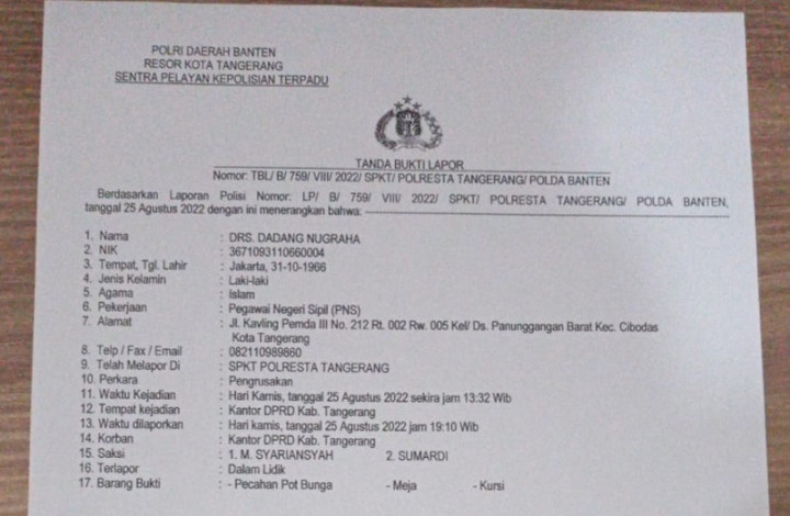 Oknum LSM Rusak Fasilitas Gedung DPRD Tangerang Dilaporkan ke Polisi