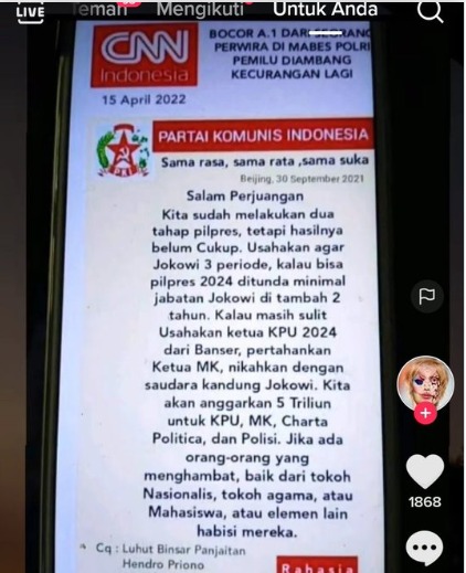 [Cek Fakta] Bocoran A1 dari Perwira Mabes Polri soal PKI Perjuangkan Jokowi 3 Periode? Ini Faktanya'