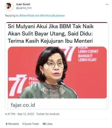 [Cek Fakta] Sri Mulyani Akui jika Harga BBM tak Naik akan Sulit Bayar Utang? Ini Faktanya