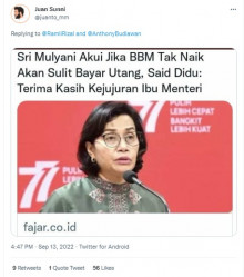 [Cek Fakta] Sri Mulyani Akui jika Harga BBM tak Naik akan Sulit Bayar Utang? Ini Faktanya